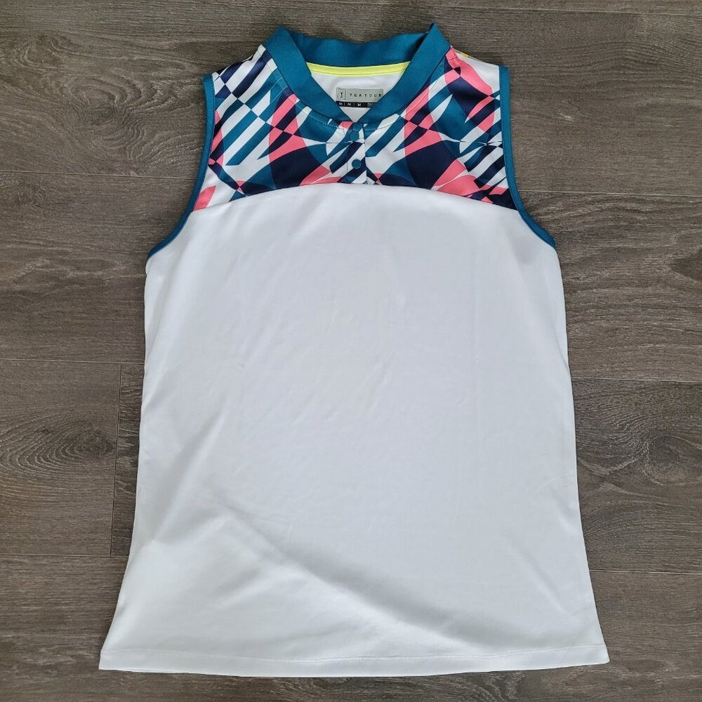 PGA Tour Women’s Medium Golf 2 Button Sleeveless Fragmented Stretch Shirt Top
